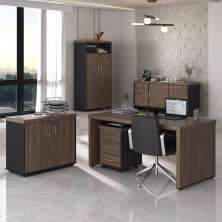 Conjunto de Mesa de Escritório com Gaveteiro e Armários Executiva 6 PT 3 GV Marrom e Preto
