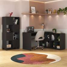 Conjunto de Mesa em L com Estante de Escritório 4 PT Nero Wally Preto