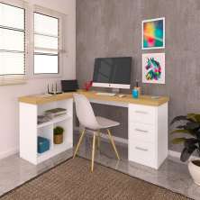 Mesa de Computador em L 3 Gavetas Alaska Olmo Branco