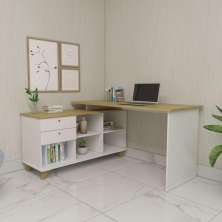 Mesa de Escritório em L Retrô 3 Gavetas Arizona Olmo Branco