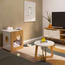 Mesa De Apoio Lateral Tampo Com Nicho E Espaço Pet Artely - Carvalho - Off White
