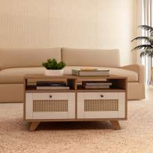 Mesa de Centro Trama 2 Gavetas 2 Prateleiras Cinamomo/Off White