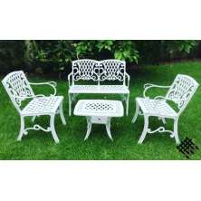 Conjunto Búzios (01 Mesinha + 02 Poltronas + 01 Banco 2 Lugares) Alumínio Fundido Jardim Varanda Piscina Área Gourmet Campo Artesane Móveis