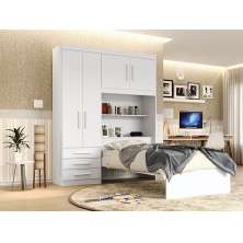 Conjunto Roupeiro Guarda Roupa de Solteiro Branco Com Cama + Cabeceira com Baú Interno Luxo Av