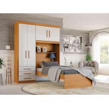 Conjunto Roupeiro Guarda Roupa de Solteiro Off White Com Cama + Cabeceira com Baú Interno Luxo Av