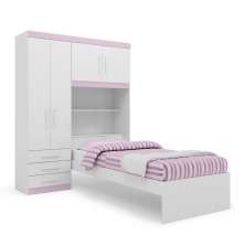 Conjunto Roupeiro Guarda Roupa de Solteiro Rosa Com Cama + Cabeceira com Baú Interno Luxo Av