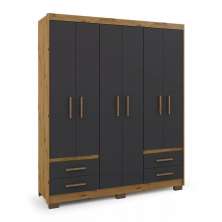 Guarda Roupa Roupeiro De Casal Preto com Marrom 6 Portas 4 Gavetas Armário Multiuso Quarto Pry 1,56x1,85 - Batrol