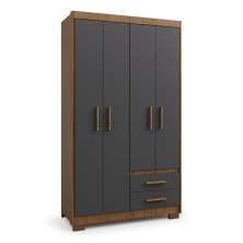 Guarda Roupa Roupeiro Solteiro 4 Portas 2 Gavetas Marrom com Preto Armário Para Quarto Multiuso Pry