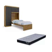 Kit Guarda Roupa Solteiro Grafite com Cabeceira Baú + Cama Acoplada + Colchão de Solteiro Espuma D28 - AV