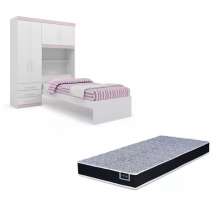 Kit Guarda Roupa Solteiro Rosa com Cabeceira Baú + Cama Acoplada + Colchão de Solteiro Espuma D28 - AV