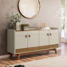 Buffet Aparador Aleppo 4  Portas Pés de Madeira Babus - Amendoa / Off White