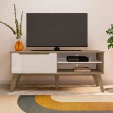 Rack para Tv até 60" 134x50cm Pés em Mdf 1 Porta e 2 Nichos Lotus Artely Carvalho/off White Preto