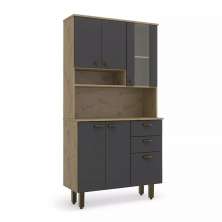 Kit De Cozinha Grafite Com 6 Portas 2 Gavetas Armário Moderno Espaçoso Com Cristaleira Luxo 6p