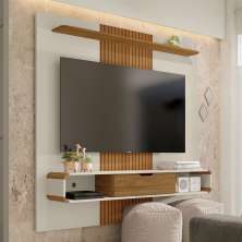 Painel para TV com Nichos Eleonor Off White Cinamomo Efeito Ripado