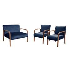 Conjunto Anita Braço Madeira Para Sala, TV, Estar - Suede Azul Marinho