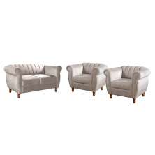 Conjunto Realeza Sofá com Poltronas Chesterfield Decoração Sala Recepção - Suede Bege Claro 