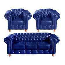 Conjunto Sofá 3 Lugares Chesterfield Capitonê E 2 Poltronas Luís Xv - Couríssimo Azul