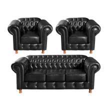 Conjunto Sofá 3 Lugares Chesterfield Capitonê E 2 Poltronas Luís Xv - Couríssimo Preto