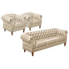 Conjunto Sofá Chesterfield 3 Lugares E 2 Poltronas Dom Pedro - Couríssimo Bege