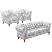 Conjunto Sofá Chesterfield 3 Lugares E 2 Poltronas Dom Pedro - Couríssimo Branco