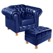 Kit Conjunto Poltrona Com Puff Chesterfield Capitonê Luís Xv - Couríssimo Azul