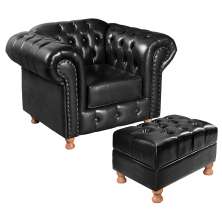 Kit Conjunto Poltrona Com Puff Chesterfield Capitonê Luís Xv - Couríssimo Preto