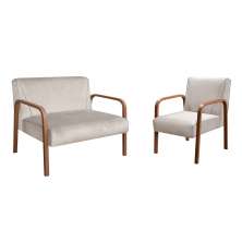 Kit Namoradeira E Poltrona Anita Braço Madeira - Suede Bege