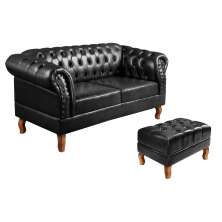 Kit Sofá 2 Lugares Com Puff Chesterfield Capitonê Sala, Recepção - Couríssimo Preto