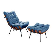 Poltrona Com Puff Costela Base Fixa Linho Azul Bella Decor