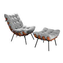 Poltrona Com Puff Costela Base Fixa Linho Cinza Bella Decor