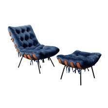 Poltrona Com Puff Costela Base Fixa Suede Azul Marinho Bella Decor