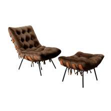 Poltrona Com Puff Costela Base Fixa Veludo Marrom Bella Decor