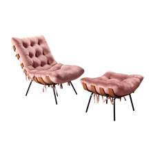 Poltrona Com Puff Costela Base Fixa Veludo Rosê Bella Decor