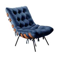 Poltrona Costela Martin Eisler Base Fixa Aço e Madeira - Suede Azul Marinho