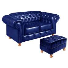 Sofá 2 Lugares Chesterfield Capitonê Com Puff Decorativo Luís Xv Apoio De Pés - Couríssimo Azul