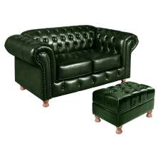 Sofá 2 Lugares Chesterfield Capitonê Com Puff Decorativo Luís Xv Apoio De Pés - Couríssimo Verde