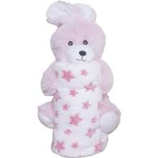 Bichinho com Pelúcia 18cm com Manta 75x75cm Coelho Rosa