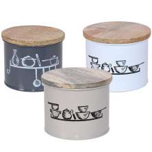 Pote Vintage Aço Esmaltado Tampa Madeira Pequeno 225ml Branco