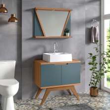 Conjunto de Banheiro Berton Onix 0,80cm Cinamomo/Azul Petróleo liso