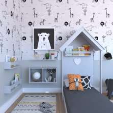 Conjunto de Cama Infantil com Nicho, Prateleira e Revisteiro Zoe Cinza