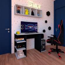 Conjunto de Mesa Gamer com Nicho Ciati Preto e Cinza Cristal