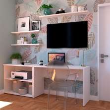 Conjunto de Mesa com Estante e 3 Prateleiras Siena Branco
