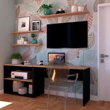 Conjunto de Mesa com Estante e 3 Prateleiras Siena Preto e Carvalho Mel
