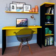 Conjunto de Mesa com Estante e Prateleira de Escritório Corp Preto e Amarelo