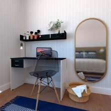 Conjunto de Mesa com Gaveteiro e Prateleira de Escritório Helen Branco e Preto