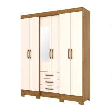 Guarda-Roupa Casal com Espelho Mentor 6 Portas 3 Gavetas Nature e Off White