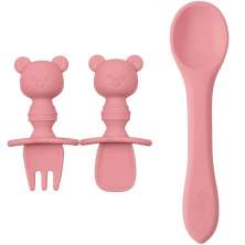 Kit Talheres Bebê Ursinho Buba Garfo Colheres Silicone Rosa