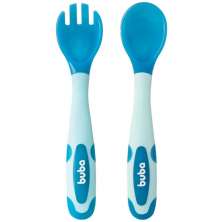 Kit Talheres para Bebê Flexíveis e Termossensíveis Garfo e Colher Silicone Buba Azul