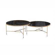 Conjunto Mesa de Centro Itália Tampo Marmorizado Preto e Pés Metal Champanhe
