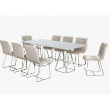 Conjunto Mesa de Jantar Milão Off White com 8 Cadeiras Cristal Couro Pérola Metal Champanhe